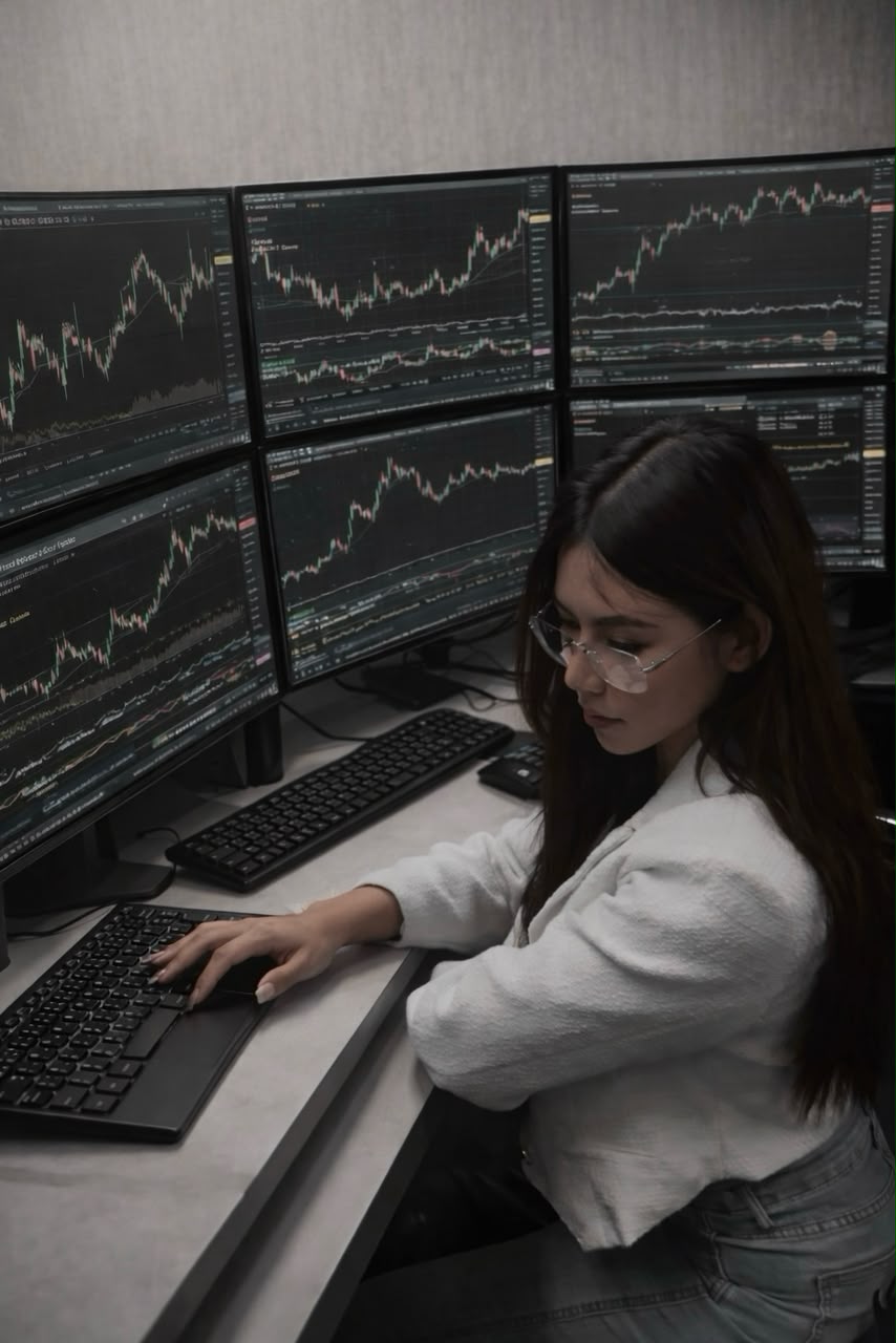 Eve at her trading desk, surrounded by screens of candlestick charts